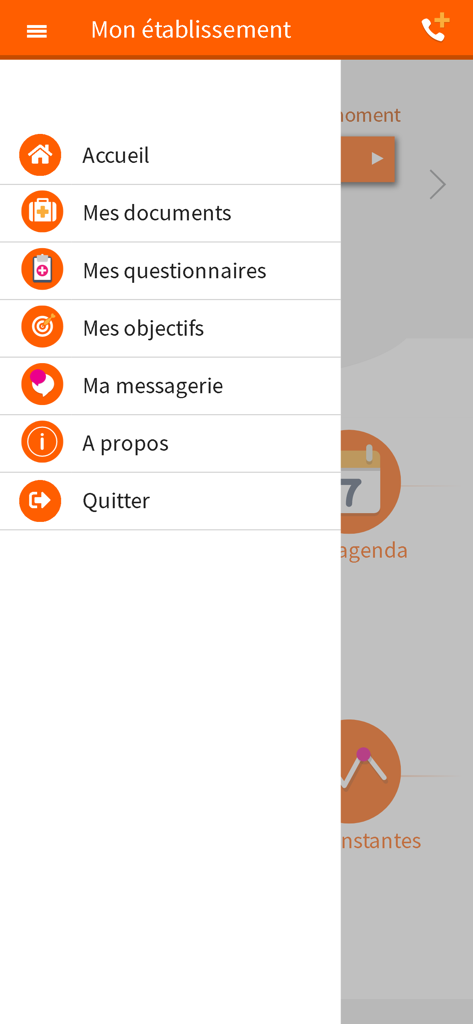 Menu de navigation latérale de l'application médicale MonICO présentant les sections relatives aux documents, aux questionnaires et à la messagerie du patient.