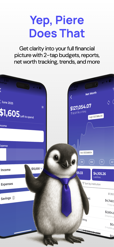 Piere: Budget, Save, Plan - Piere app dashboard showing net worth tracking and budget management with a penguin mascot