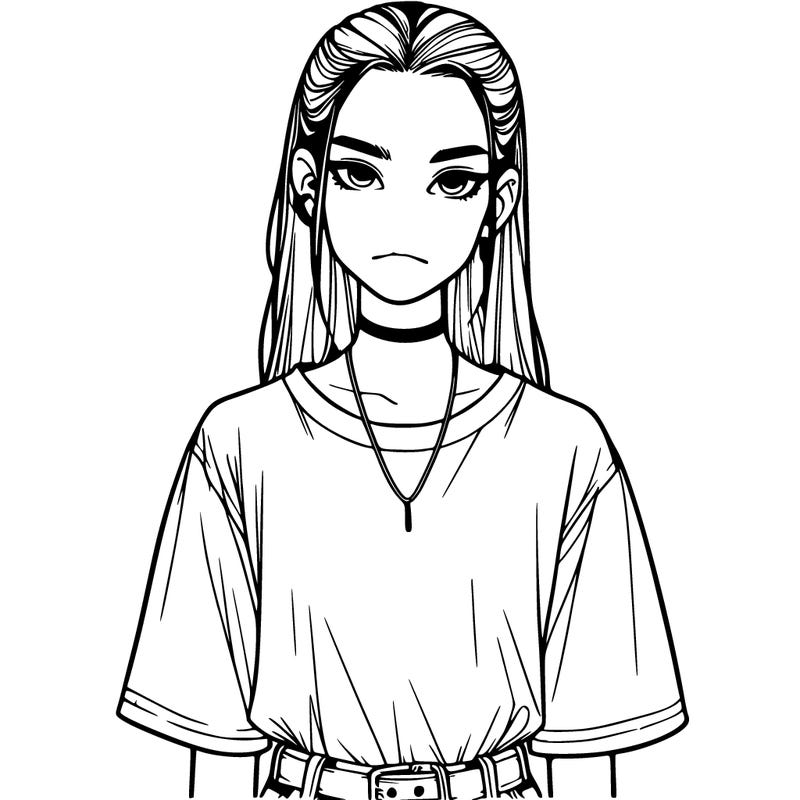 a woman looking straight ahead with baggy t-shirt and slick back long hair  and a chocker