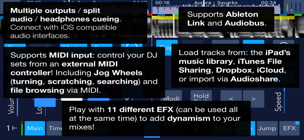 DJDJ Mixing App - Capture d'écran de l'application DJDJ Mixing mettant en évidence les fonctionnalités professionnelles, notamment la prise en charge des entrées MIDI, la compatibilité avec les interfaces audio et plusieurs effets intégrés.