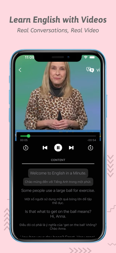 VOA Learning English app displaying a video lesson with dual English and Vietnamese subtitles
