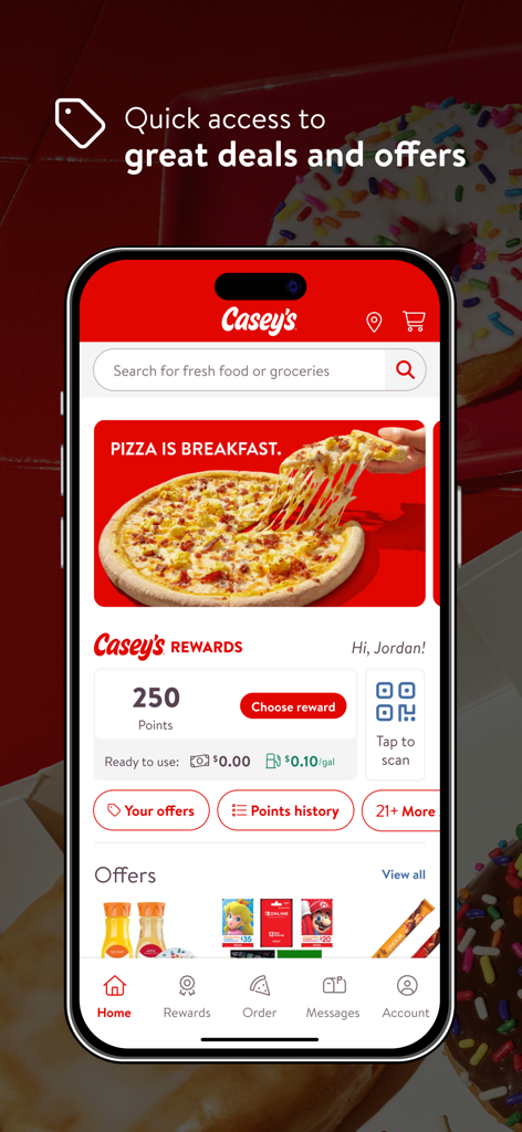 Caseys mobile app home screen showing rewards points pizza offers and fuel discounts