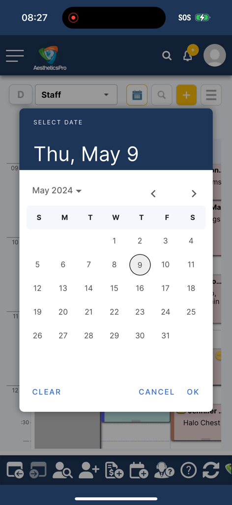 AestheticsPro - AestheticsPro mobile app calendar interface for medical spa appointment scheduling