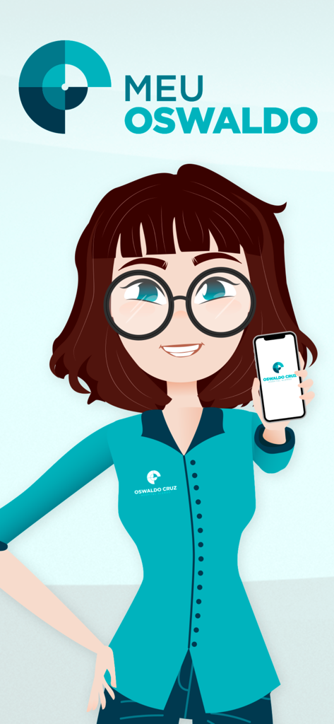 Meu Oswaldo Cruz - Illustration of a woman holding a smartphone with the Meu Oswaldo Cruz app logo