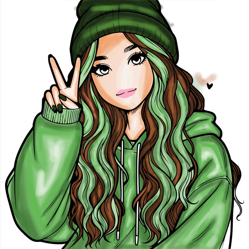 a teenage girl in a beanie, oversized sweatshirt, wavy long hair, and is showing a ✌️