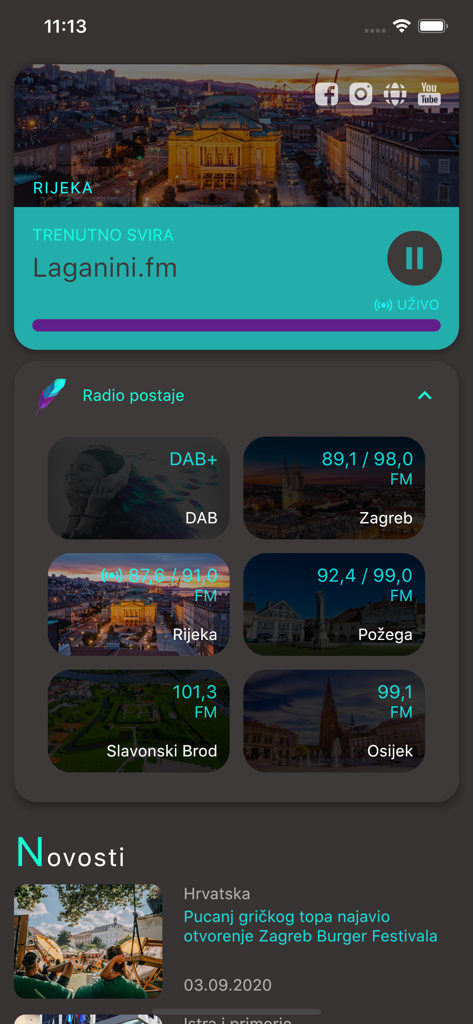 Laganini FM - Laganini FM mobile application interface showing Croatian radio stations list and news feed