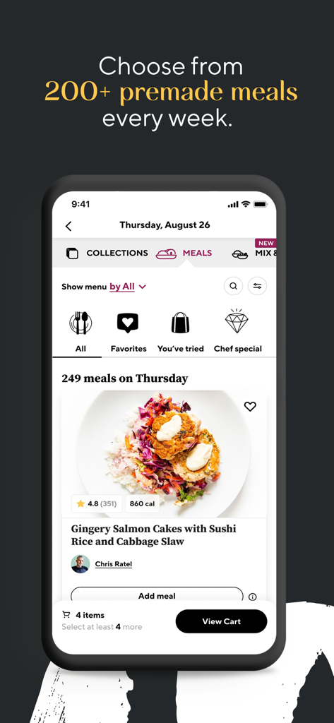 CookUnity app screen showing a menu of chef-prepared meals with a featured salmon dish