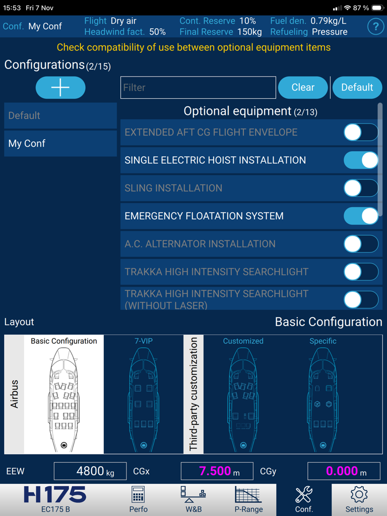H175 Flight Perfo - Pantalla de configuración de la aplicación H175 Flight Perfo que muestra el equipo del helicóptero y los ajustes de diseño.