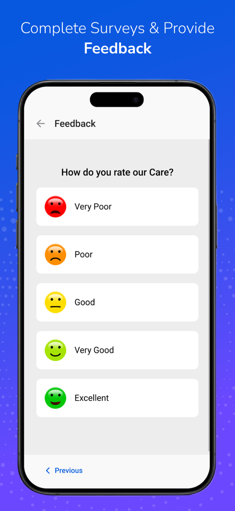 Centrim Life app feedback screen showing a survey to rate care services with smiley face icons