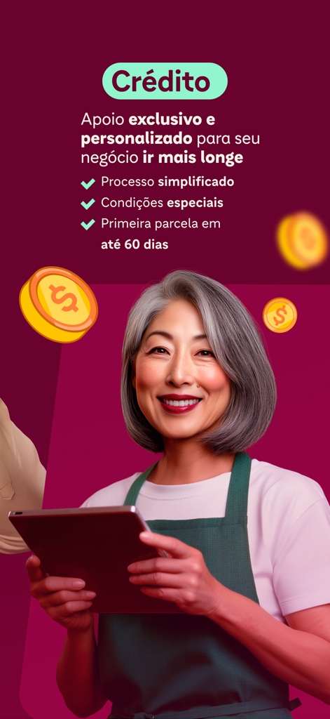 Um empreendedor profissional de avental segurando um tablet, promovendo as soluções de crédito empresarial e suporte financeiro do iFood Pago.