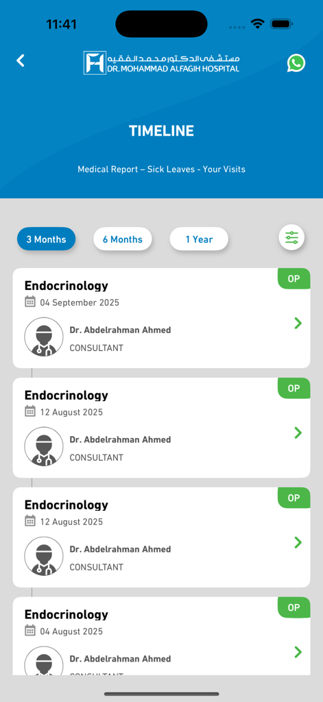 A medical timeline view in the Dr. Mohammad Alfagih Hospital app showing past endocrinology appointments with a consultant