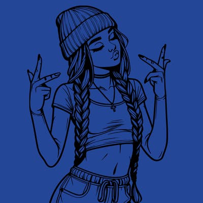 realistic teenage girl with braids and a beanie and crop top doing 🫶🏼