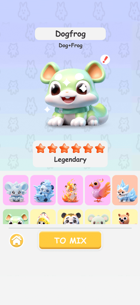 A legendary Dogfrog monster created by merging a dog and a frog in the Mix Monster game