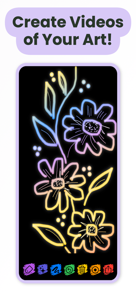 Colorful neon flower doodles on a black screen with video creation options