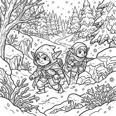 Join our determined Goblin Scouts as they brave a frosty winter wonderland, navigating a snow-covered forest path. This intricate coloring page invites you to add vibrant life to their snowy adventure and hidden mission.