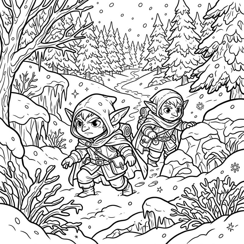 Join our determined Goblin Scouts as they brave a frosty winter wonderland, navigating a snow-covered forest path. This intricate coloring page invites you to add vibrant life to their snowy adventure and hidden mission.