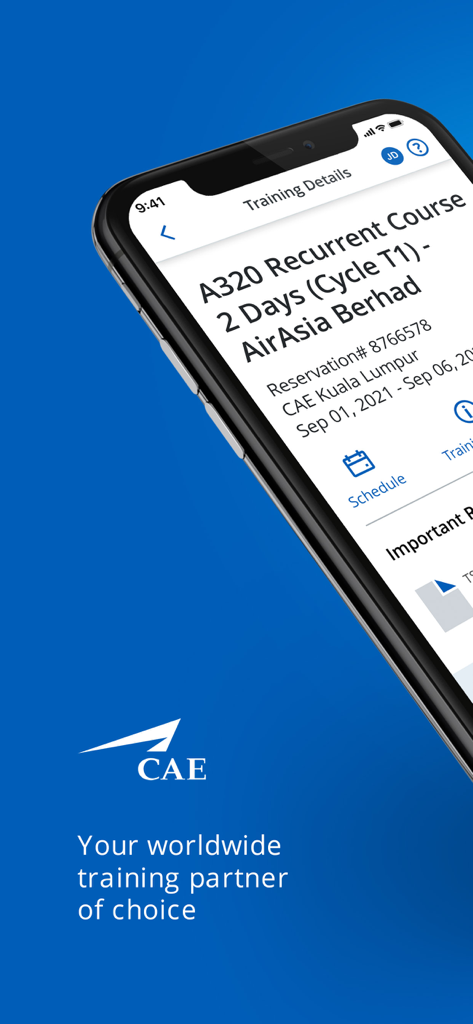 Smartphone-Bildschirm, der die CAE Crew Training App mit Details zu einem A320-Wiederholungsschulungskurs anzeigt