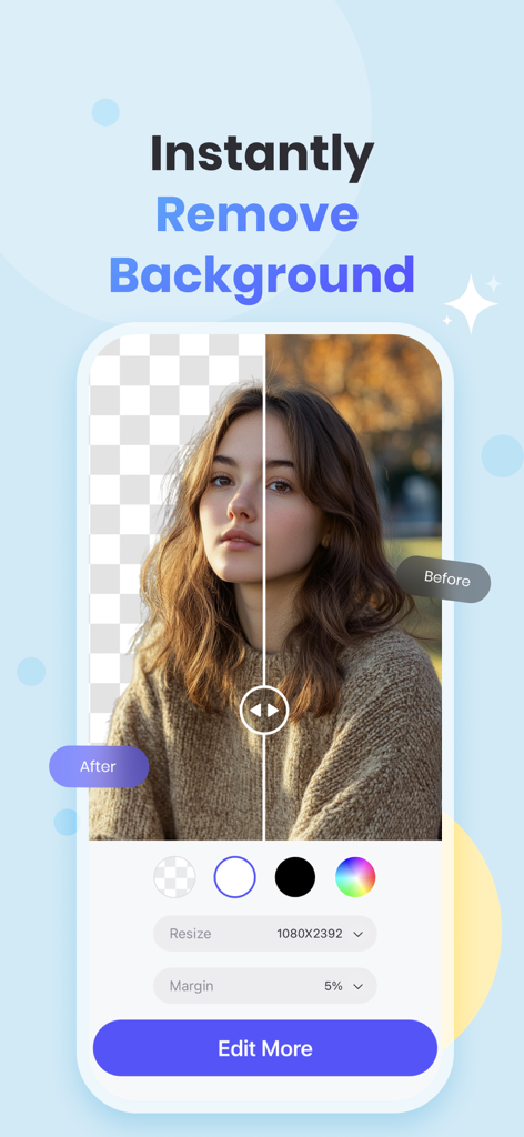 Pantalla dividida que muestra un retrato con el fondo eliminado usando el editor de fotos IA de PicWish
