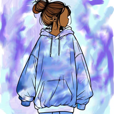 realistic girl with a oversized sweatshirt on and a bun