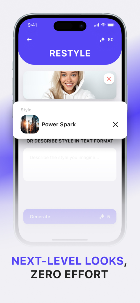 Lumen AI app screen showing the photo to video restyle feature with a selected style and text description box.