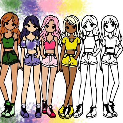 a group of girls wearing crop tops and shorts