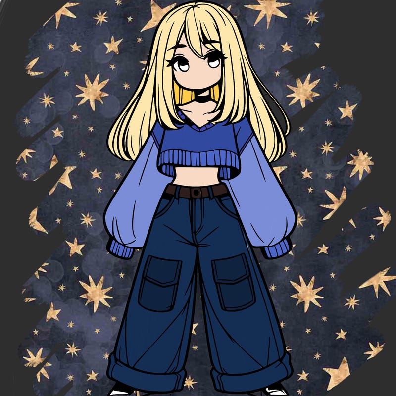 cute girl with straight hair in baggy jeans and a crop top and a sweater