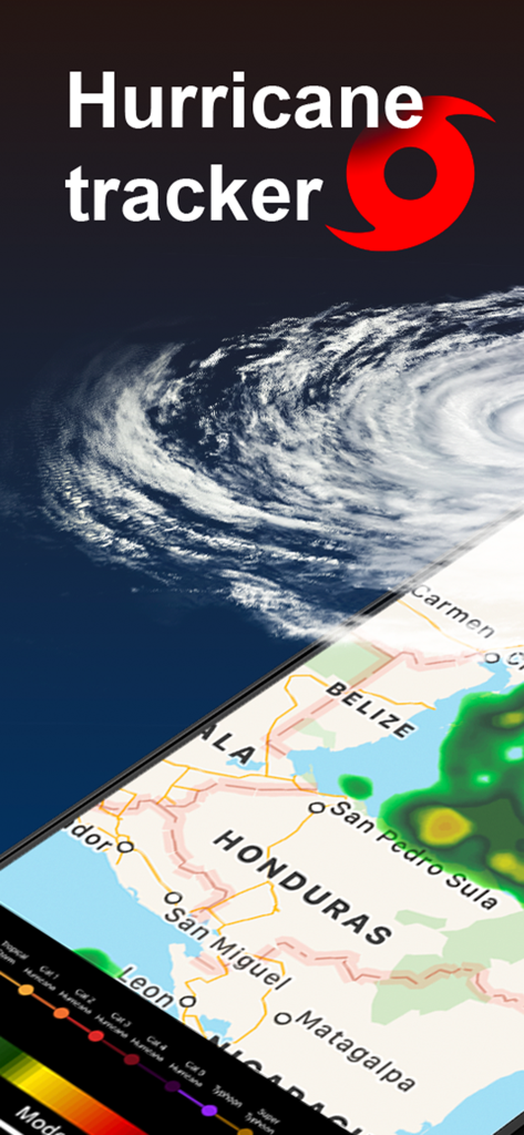 NOAA Radar & Weather Forecast - Hurricane tracker feature displaying a satellite view of a storm and a weather radar map over Central America.