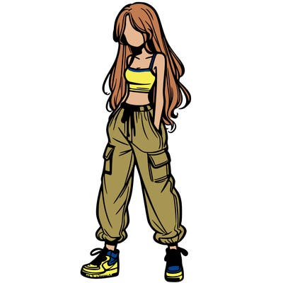 girl in baggy pants crop top and long hair