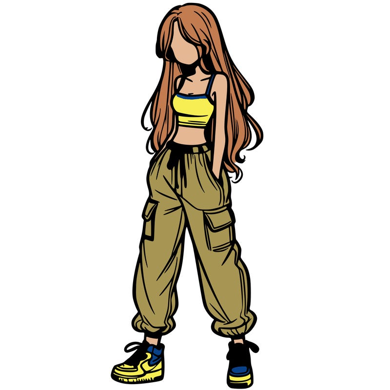 girl in baggy pants crop top and long hair