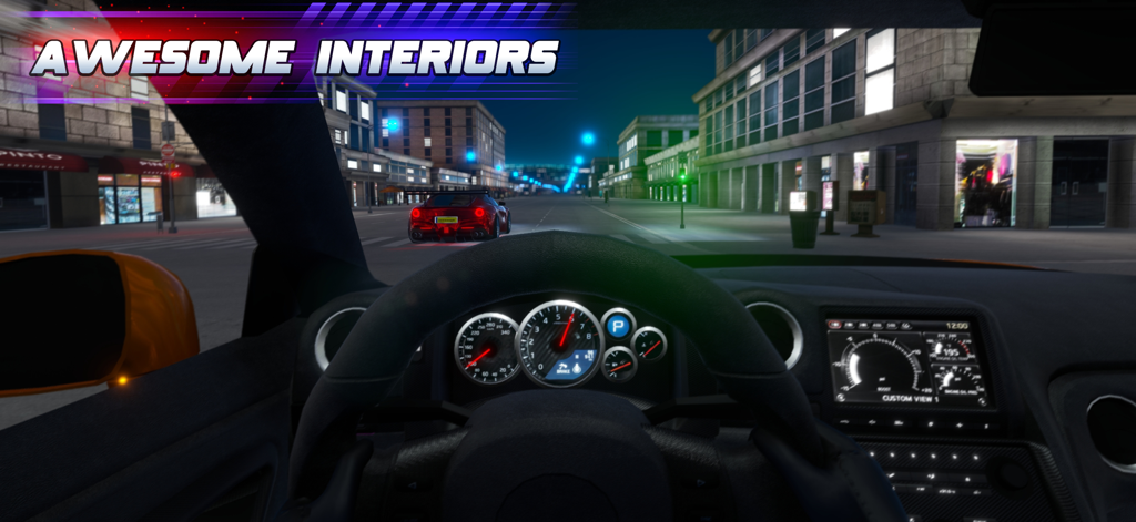 A detailed first-person view of a sports car interior and dashboard at night in Drag Sim King Of The Racing 2.