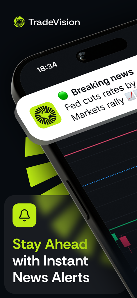 TradeVision - TradeVision app showing a breaking news notification on an iPhone for instant stock market updates.