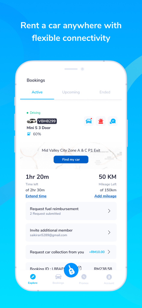 SOCAR Malaysia - Active car booking screen on SOCAR Malaysia app showing rental details and time remaining