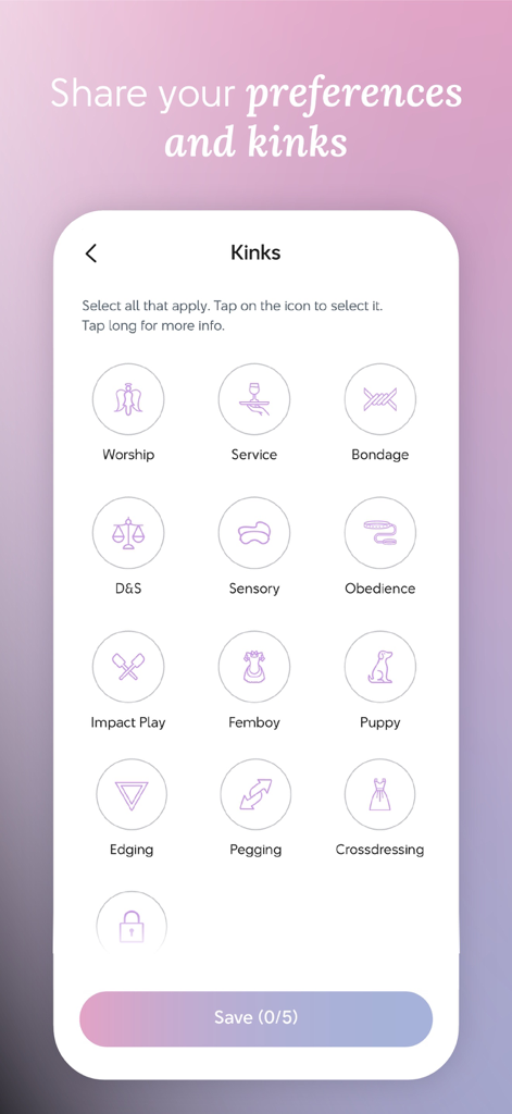 Chyrpeデーティングアプリのインターフェース。さまざまなキンクや関係の好みのアイコンが表示され、選択できます。