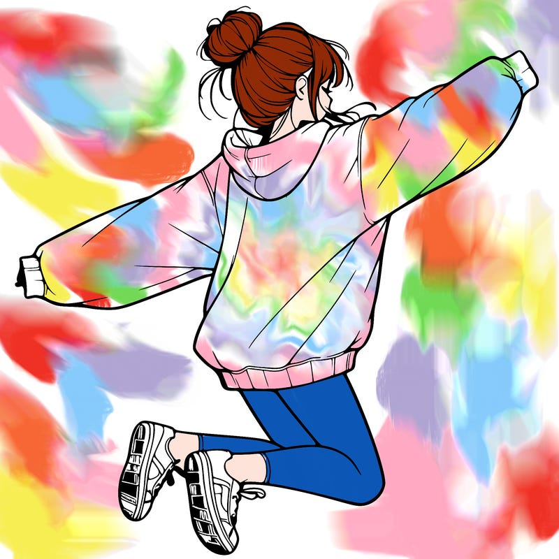 realistic girl jumping with a bun and oversized sweatshirt