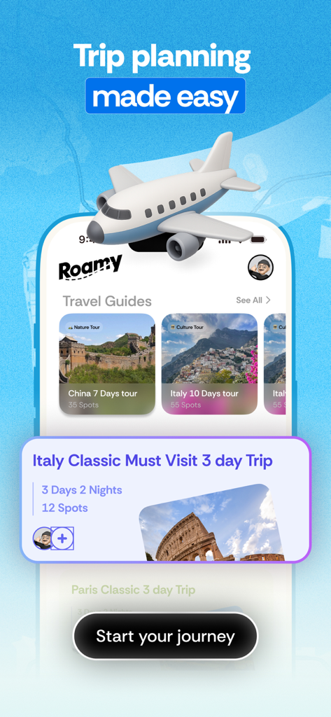 Roamy mobile app screen showing curated travel guides for Italy and China with a 3D airplane icon
