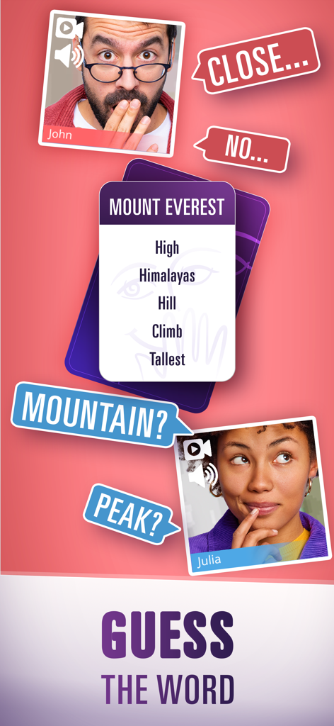 A screenshot of the Taboo mobile app showing two players using the integrated video chat feature to guess words in a live game.