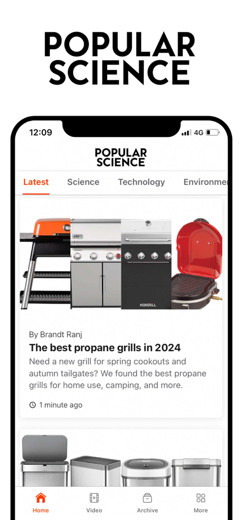Popular Science 모바일 앱 인터페이스가 최신 뉴스 카테고리 아래 2024년 최고의 프로판 그릴에 대한 추천 기사를 보여줍니다.