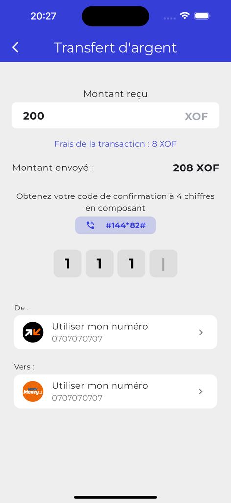 WalliSend - Tela do aplicativo móvel WalliSend mostrando detalhes de transferência de dinheiro em francês, incluindo valor enviado em XOF, taxas de transação e informações do destinatário de dinheiro móvel