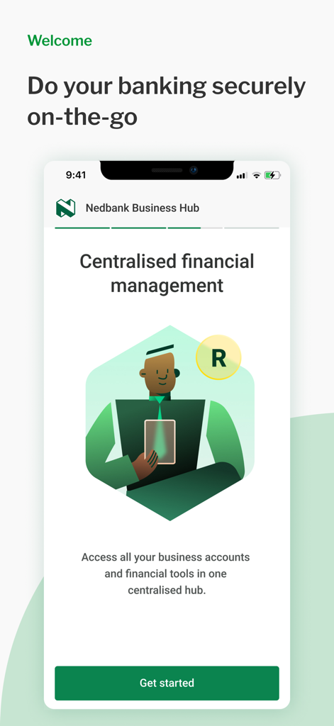Nedbank Business Hub - Welcome screen of the Nedbank Business Hub app for centralized business banking