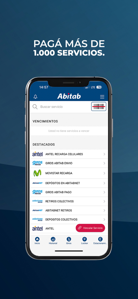 A smartphone showing the Abitab app dashboard with various financial services like bill payments and money transfers