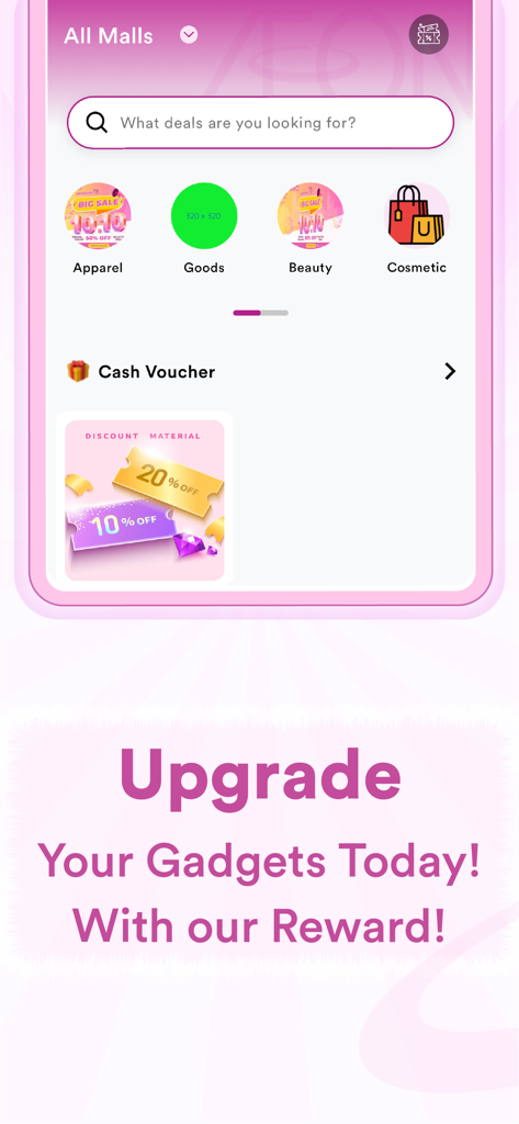AEON MALL APP - AEON MALL APP interface showing shopping categories cash vouchers and promotional rewards for gadgets