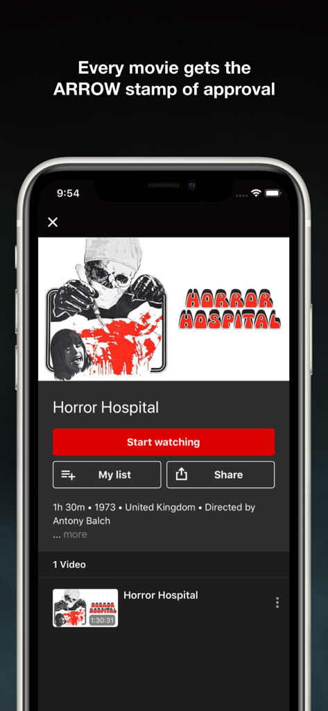 ARROW Player - Tela do smartphone mostrando a página do filme ARROW Player para o filme Horror Hospital.
