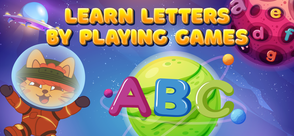ABC learning games for kids 2+ - Un gato astronauta y planetas con letras de colores en un juego educativo con temática espacial para niños.