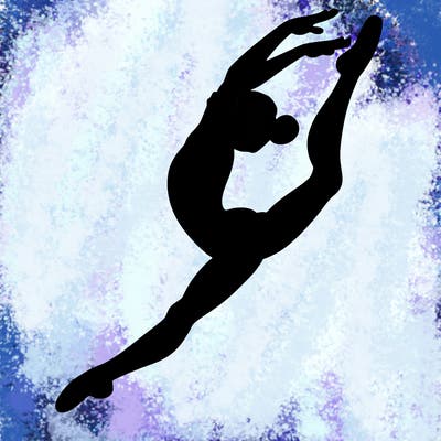 gymnast doing a leap in a leotard with a bent back leg