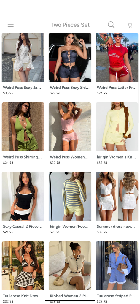 Top Fashion Clothing Shopping - Eine Gitteransicht verschiedener zweiteiliger Damenbekleidungssets mit Preisen in der Top Fashion Shopping App