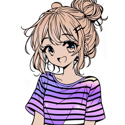 anime girl teenager striped shirt and smile and messy bun