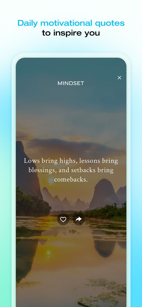 MINDSET by DIVE Studios - Screenshot of the MINDSET app showing a daily motivational quote over a serene mountain landscape