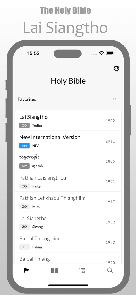 Lai Siangtho Bible app interface showing various language translations including Tedim and NIV