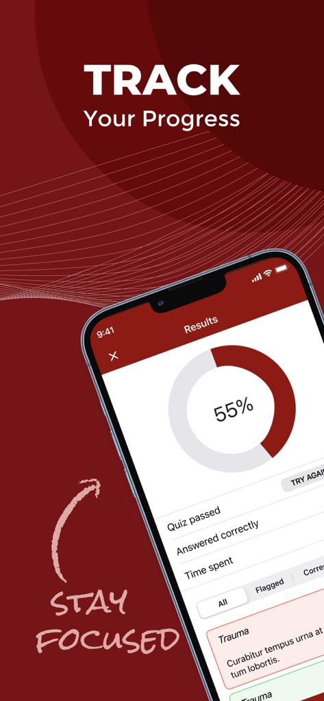 Schermata dei risultati dell'app mobile che mostra un punteggio del cinquantacinque percento e analisi delle prestazioni per la preparazione alla certificazione della supply chain
