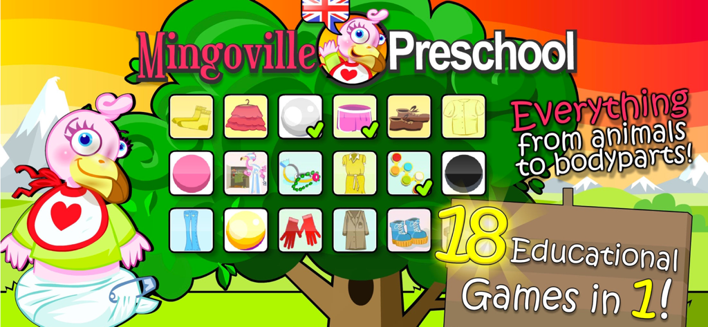 Mingoville Preschool interface featuring 18 educational games and vocabulary categories on a learning tree